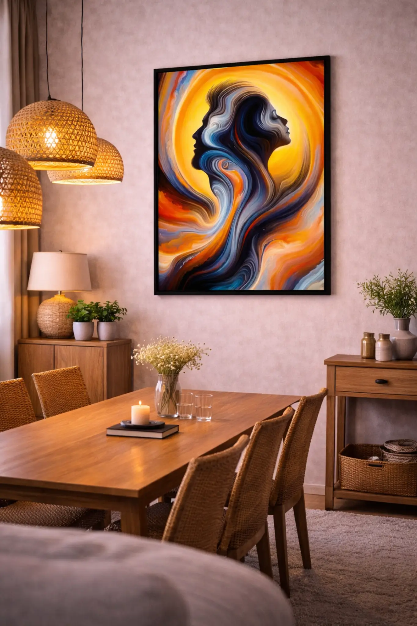Abstracte Gezichten Wanddecoratie Kleurrijke Moderne Kunst 90×60 cm 4 kleurrijke abstracte kunst op plexiglas met dynamische lijnen en silhouetten van gezichten
