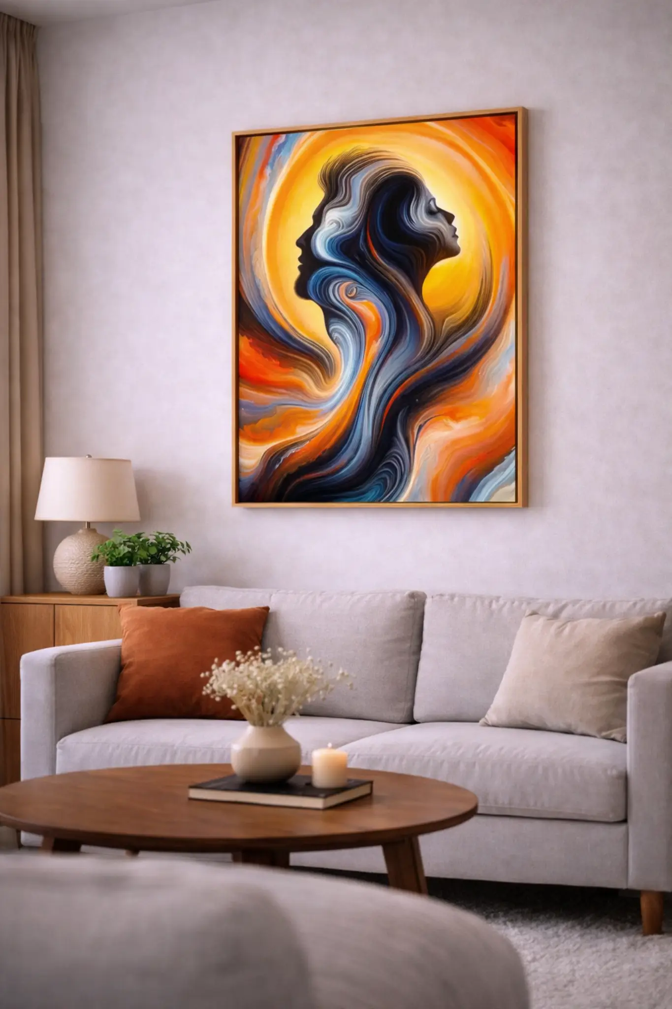 Abstracte Gezichten Wanddecoratie Kleurrijke Moderne Kunst 90×60 cm 2 abstract kunstwerk met samensmeltende gezichten in levendige expressieve kleuren