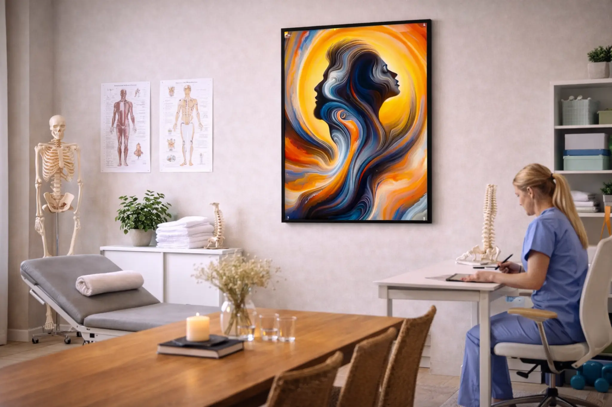 Abstracte Gezichten Wanddecoratie Kleurrijke Moderne Kunst 90×60 cm 3 moderne kleurrijke wanddecoratie van twee abstracte gezichten in oranje en blauwe tinten