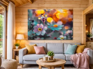 bloemen bokeh wanddecoratie in pastelkleuren met gouden lichtaccenten