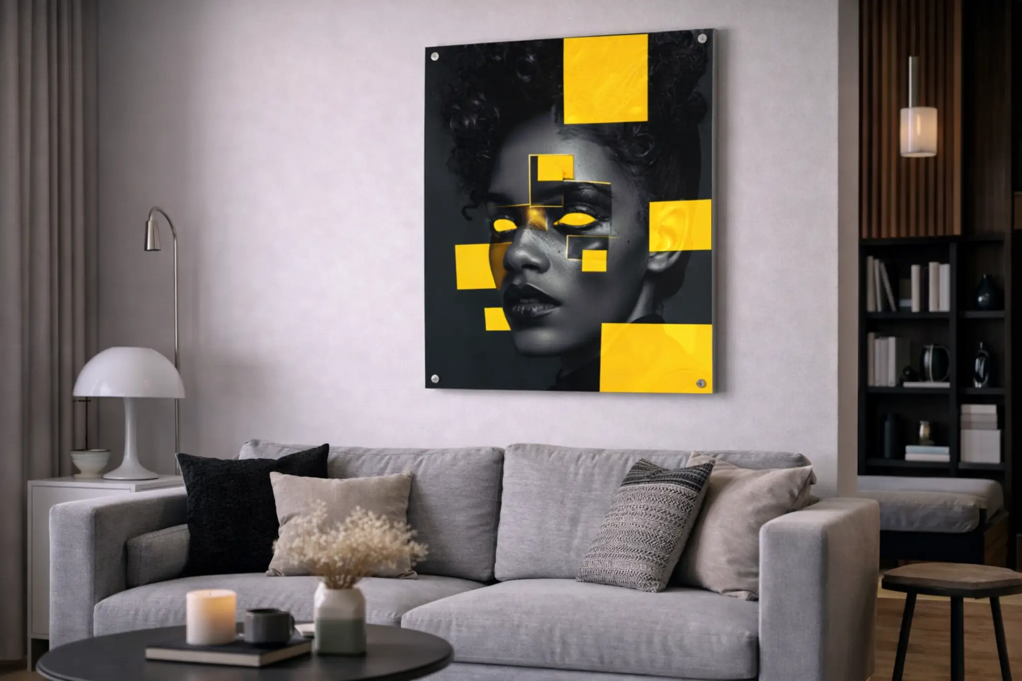 Abstracte Vrouw Wanddecoratie – Geel & Zwart Kunstportret 2 geometrisch portret kunstwerk vrouw zwart geel wanddecoratie