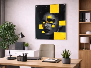 Abstracte Vrouw Wanddecoratie – Geel & Zwart Kunstportret