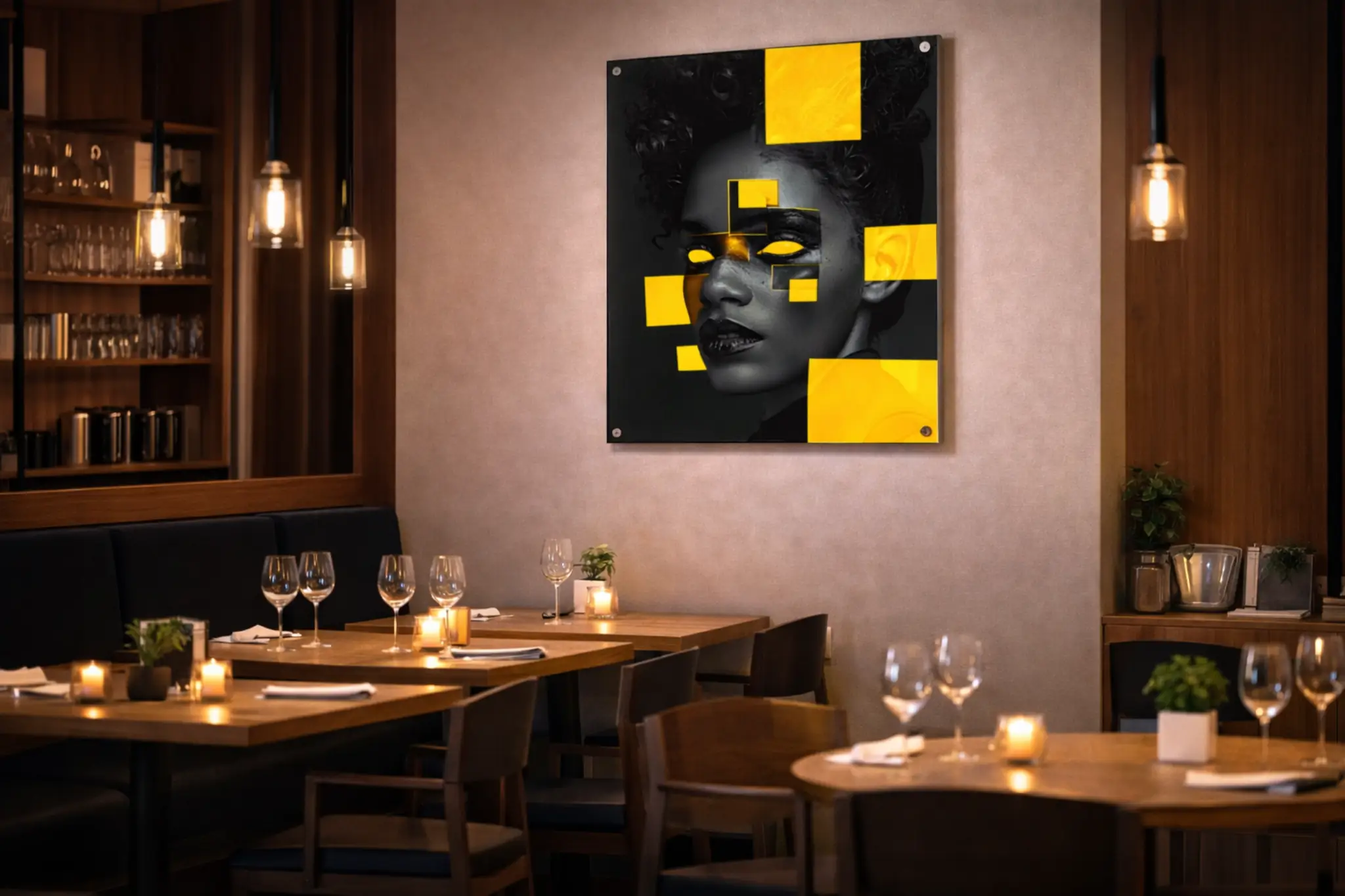 Abstracte Vrouw Wanddecoratie – Geel & Zwart Kunstportret 3 abstract vrouwengezicht kunst in geel en zwart voor moderne interieurs
