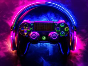 neon gaming wanddecoratie met controller en headset