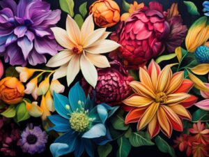 Kleurrijke bloemen wanddecoratie met dahlia’s en lelies in warme en koele tinten – luxe muurkunst op dibond of plexiglas 120x80 cm
