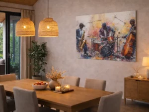 kunstwerk van jazzmuzikanten met drums saxofoon en contrabas wanddecoratie op dibond