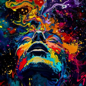 Pop Art wanddecoratie van een mannenhoofd in felle, expressieve kleuren