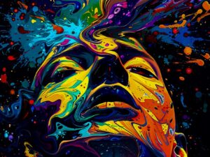 Artistieke wanddecoratie van een mannenhoofd in felle, expressieve kleuren