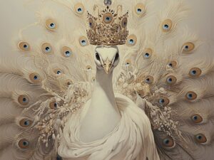 Witte pauw wanddecoratie met gouden kroon en luxe veren – elegante muurkunst in zachte tinten