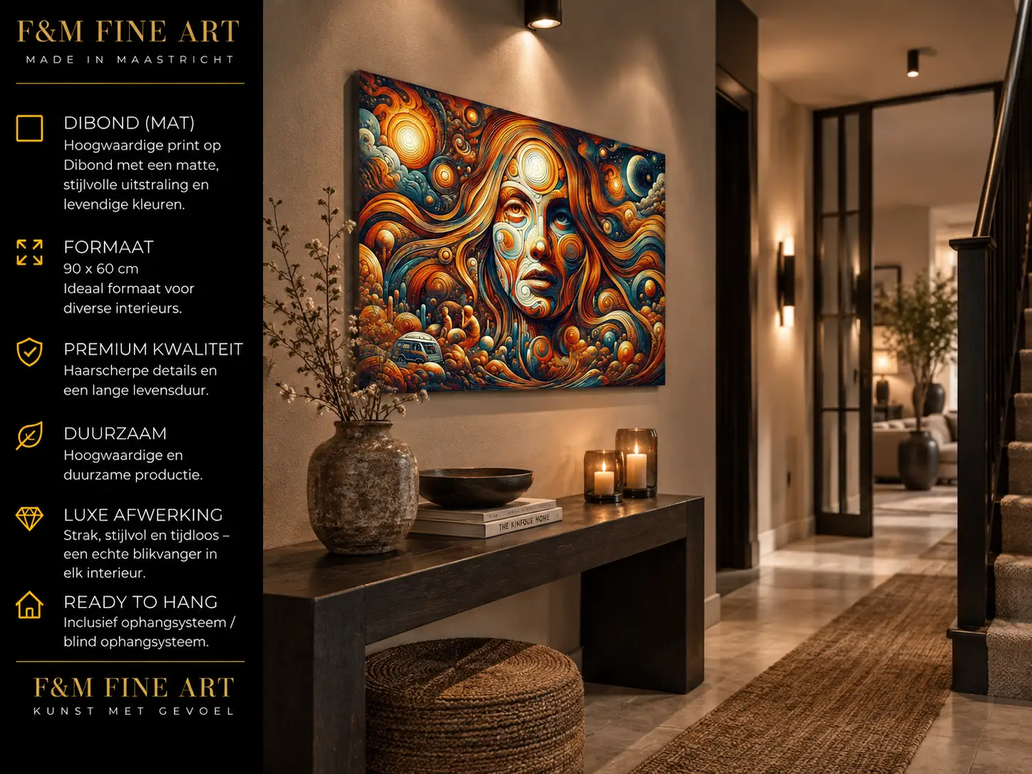 Woodstock vrouwen portret wanddecoratie op dibond 90×60 cm 5 Surrealistisch vrouwenportret op mat Dibond in een warme moderne hal