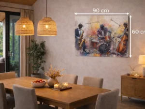 Wanddecoratie Muzikanten – Jazz in Kleur op Plexiglas of Dibond | 90×60 cm Luxe Kunstwerk
