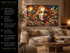 Bohemian wanddecoratie met surrealistisch vrouwenportret op Dibond 90x60 cm
