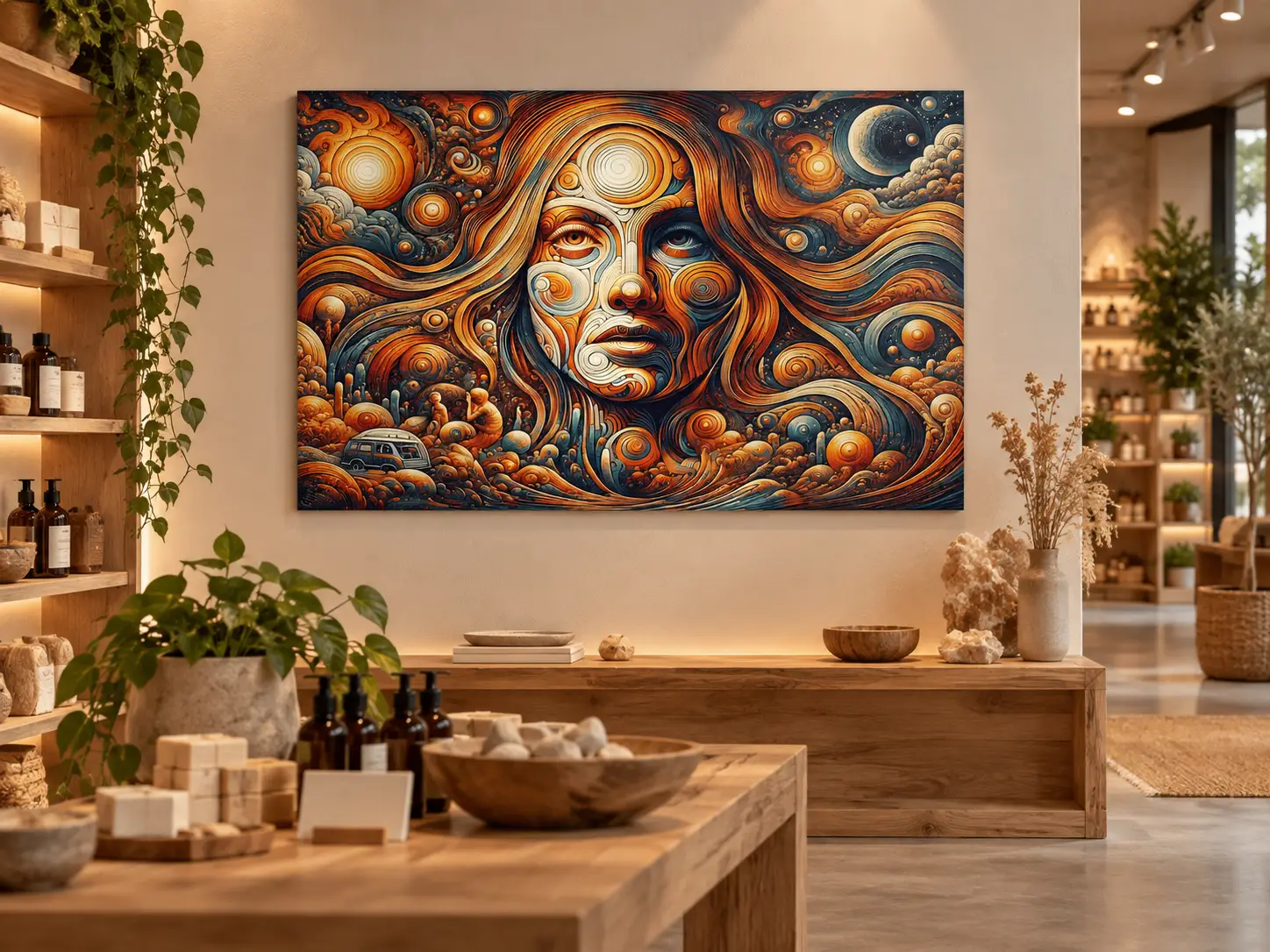 Woodstock vrouwen portret wanddecoratie op dibond 90×60 cm 2 interieur.webp Kleurrijk Woodstock vrouwenportret op mat Dibond in een natuurlijke interieurwinkel