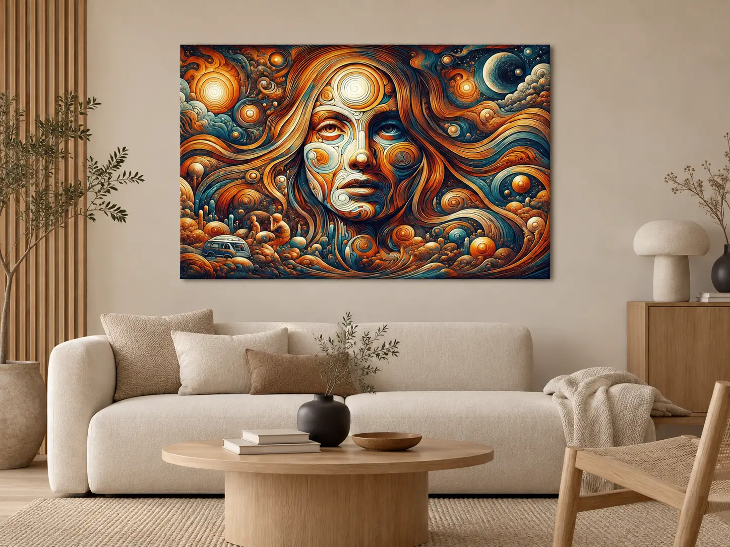 Woodstock vrouwen portret wanddecoratie op dibond 90×60 cm 3 Woodstock op Dibond 90x60 cm boven een beige bank van F&M Fine Art