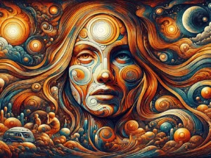 Surrealistische vrouwen portret wanddecoratie Woodstock op Dibond 90x60 cm