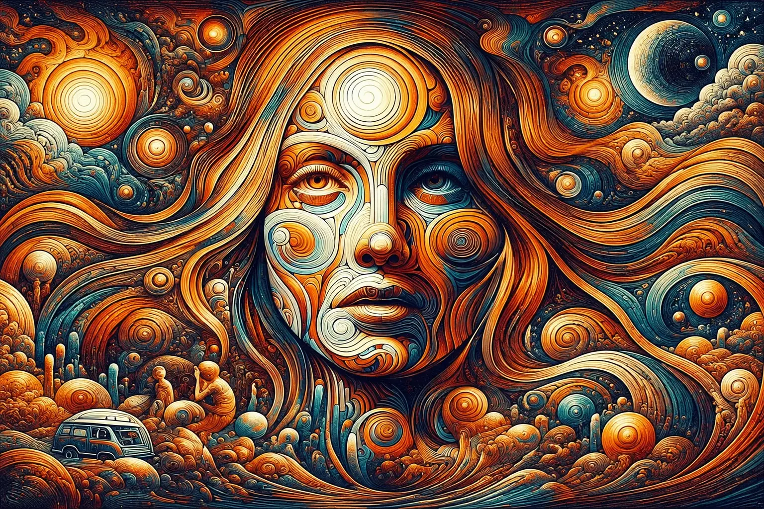 Woodstock vrouwen portret wanddecoratie op dibond 90×60 cm 1 Surrealistische vrouwen portret wanddecoratie Woodstock op Dibond 90x60 cm