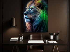 wanddecoratie leeuw regenboog kleurrijke luxe dierenkunst