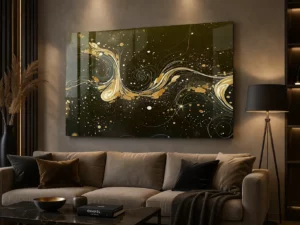 modern schilderij boven bank zwart goud