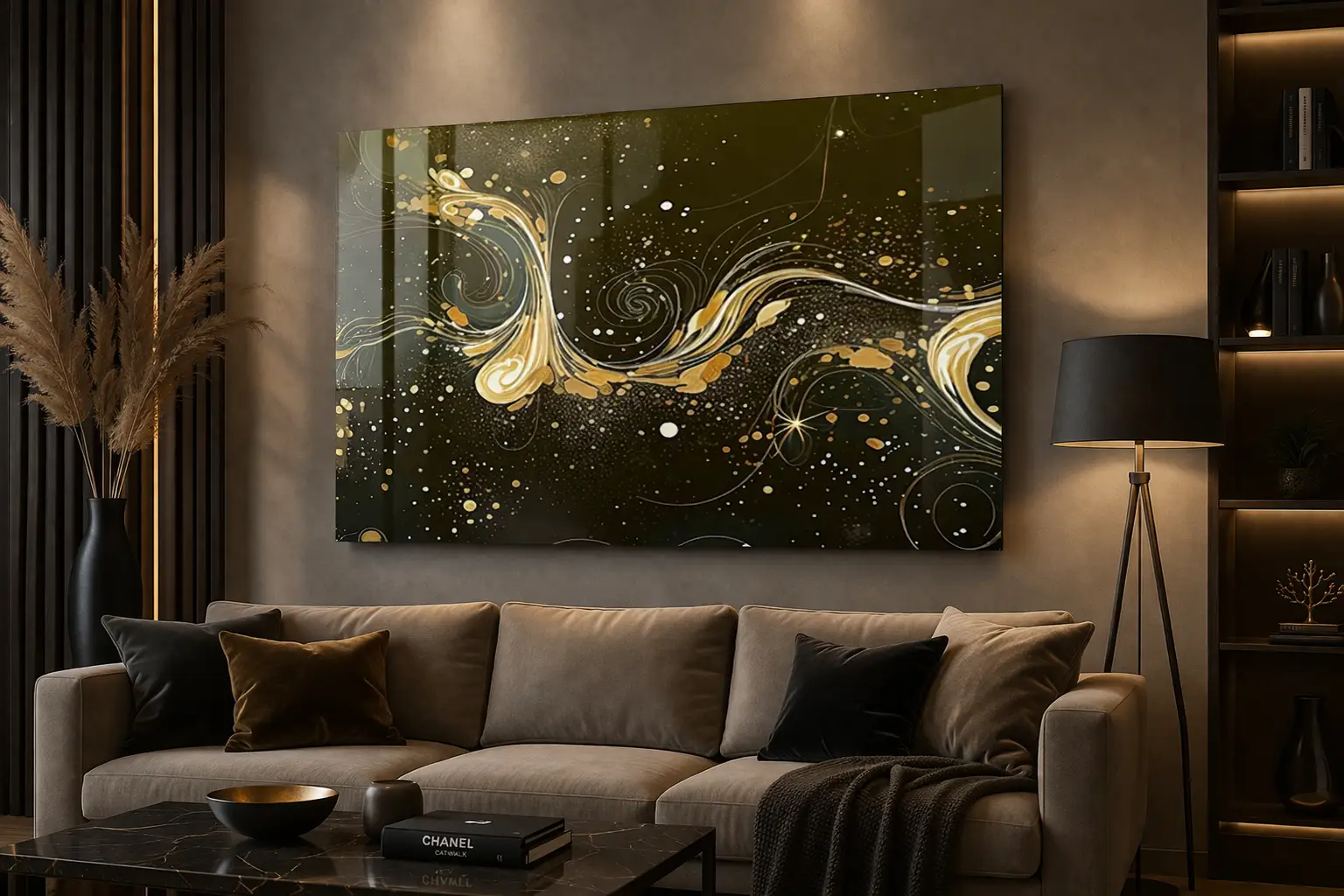 WANDDECORATIE ABSTRACT ZWART GOUD LUXE LIJNKUNST 4 modern schilderij boven bank zwart goud