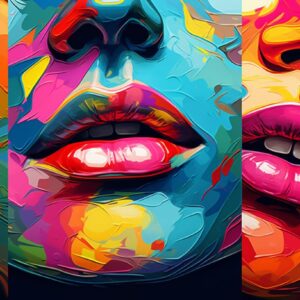Kleurrijke wanddecoratie met expressieve gezichten – modern kunstwerk voor interieurdecoratie.