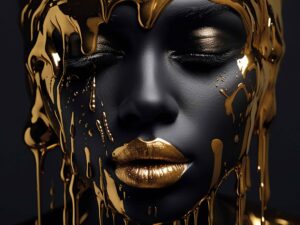 wanddecoratie zwart goud met luxe artistiek portret en gouden accenten