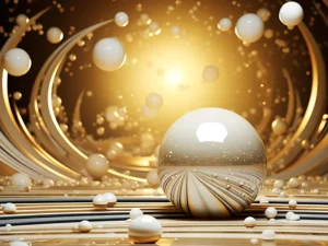 Goud parelmoer wanddecoratie met abstracte witte bollen, gouden lijnen en een warme lichtgloed