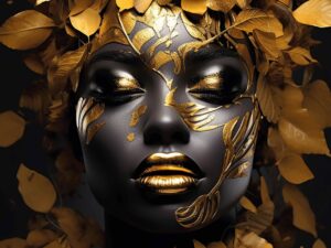 wanddecoratie vrouw met goud en luxe artistiek portret in zwart en gouden accenten