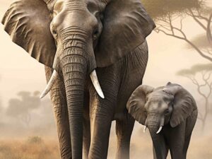 wanddecoratie olifanten met volwassen olifant en jong in natuurlijke omgeving.