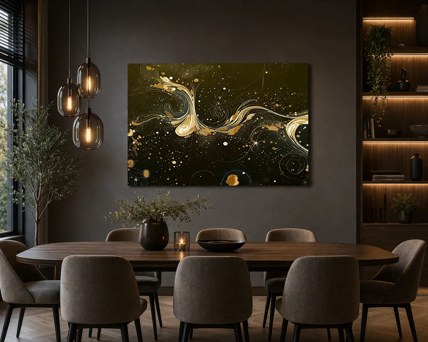 WANDDECORATIE ABSTRACT ZWART GOUD LUXE LIJNKUNST 3 design wanddecoratie modern interieur zwart goud