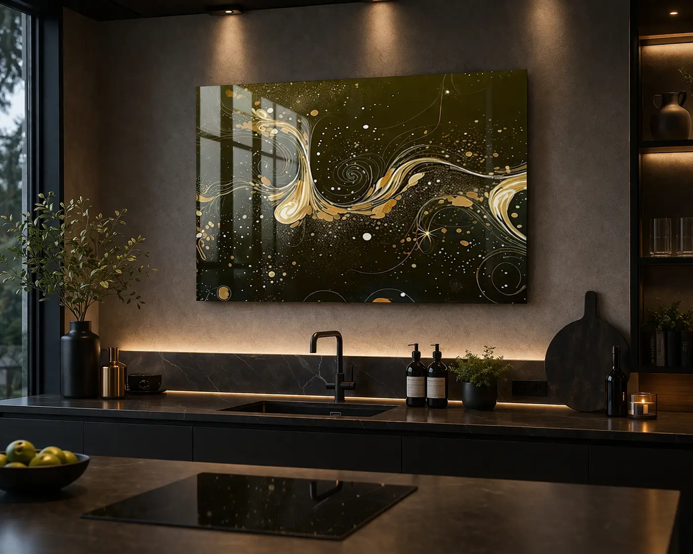 WANDDECORATIE ABSTRACT ZWART GOUD LUXE LIJNKUNST 2 abstracte wanddecoratie swirl goud zwart