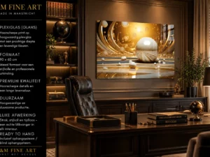 Goud parelmoer wanddecoratie op plexiglas 90×60 in een luxe directiekantoor van F&M Fine Art