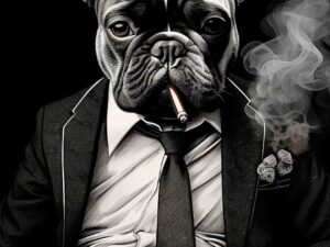 wanddecoratie bulldog met pak en stoere uitstraling
