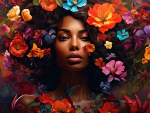 vrouw bloemen wanddecoratie met expressief portret en bloemdetails