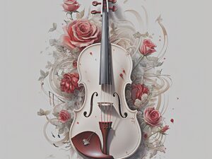 Witte viool wanddecoratie met rode rozen en sierlijke bloemdetails – elegante muzikale muurkunst