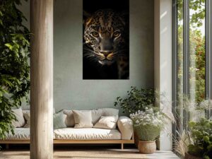 leopard wanddecoratie op plexiglas met luxe en krachtige dierenkunst