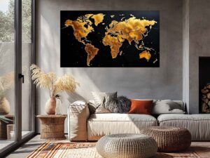 wereldkaart wanddecoratie goud zwart boven bank