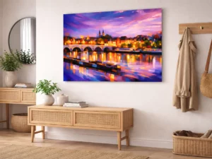 Kleurrijke stadsillustratie van Maastricht met de Sint Servaasbrug en verlichte huizen bij schemering”