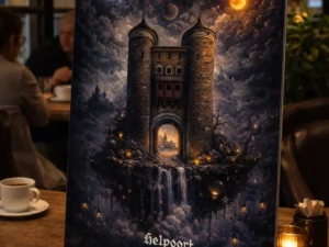 Mystieke poort kunstwerk Helpoort Mestreech op dibond met nachtelijke sfeer