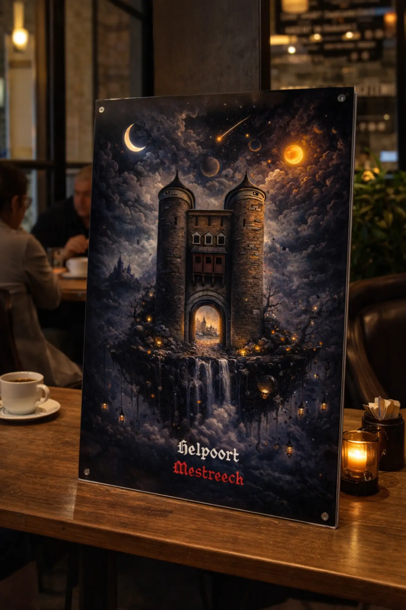 WANDDECORATIE MAASTRICHT HELPOORT 4 Mystieke poort kunstwerk Helpoort Mestreech op dibond met nachtelijke sfeer