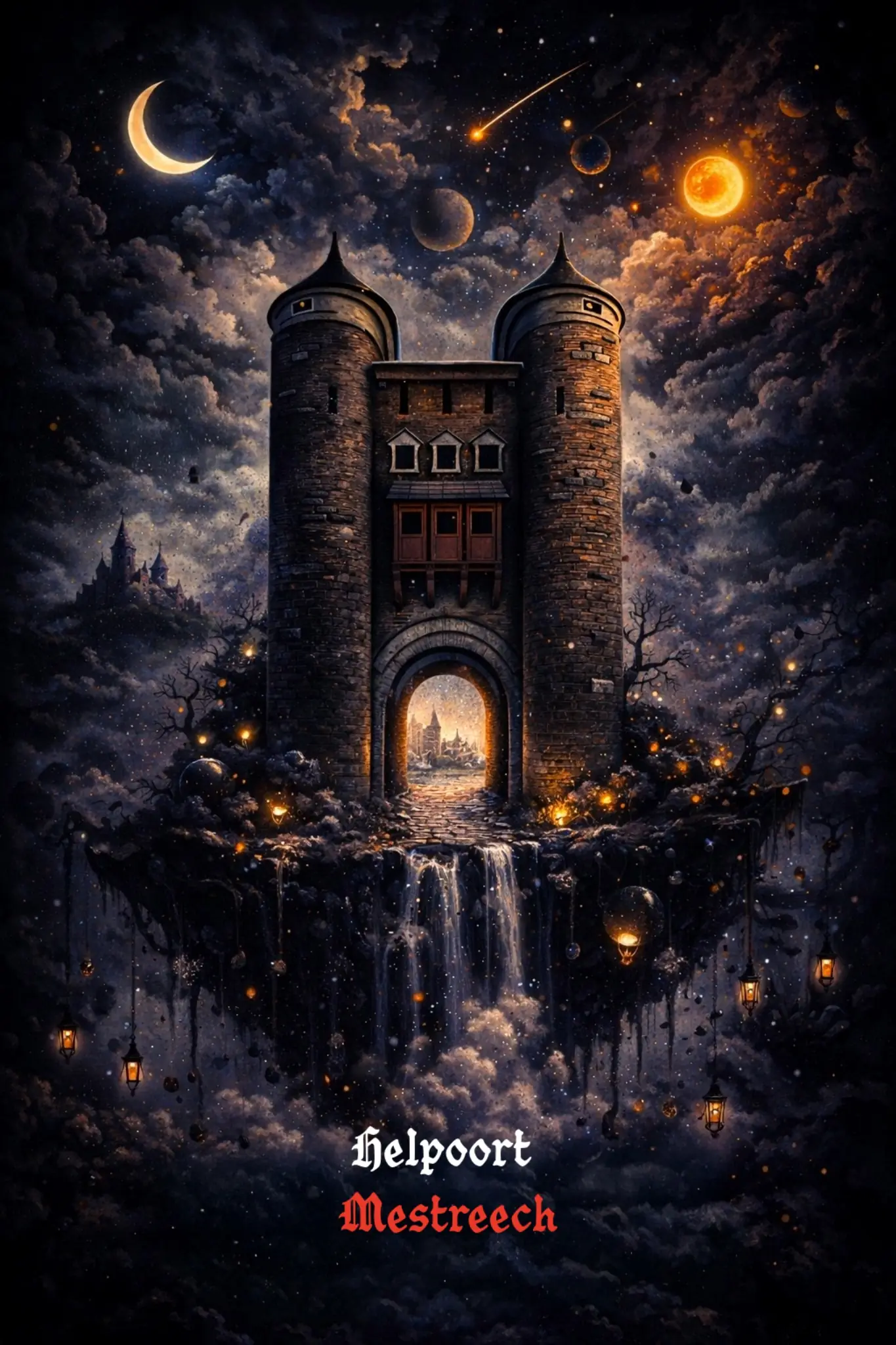 WANDDECORATIE MAASTRICHT HELPOORT 1 helpoort mestreech mystieke kunstprint 60x90 cm met zwevende poort en sterrenhemel