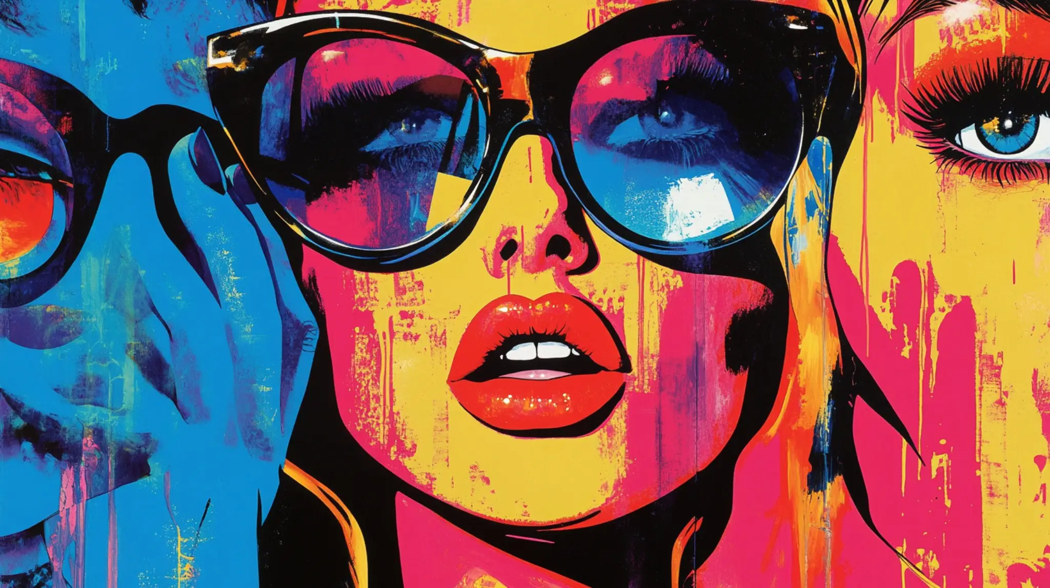WANDDECORATIE POP ART VROUW MET ZONNEBRIL KLEURRIJKE MUURKUNST