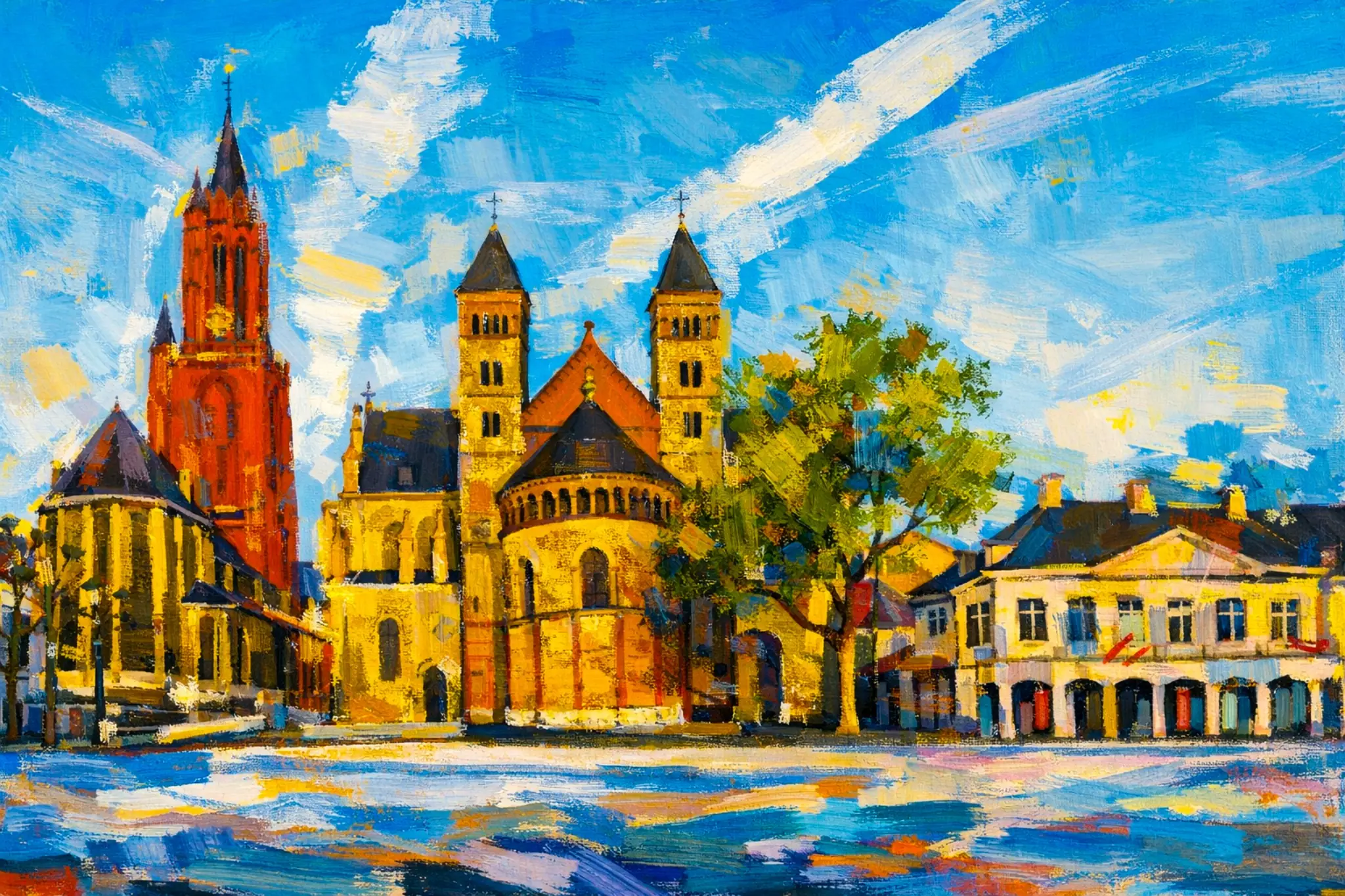WANDDECORATIE MAASTRICHT SINT SERVAASKERK 1 Vrijthof Maastricht wanddecoratie met Sint Servaaskerk in warme kleuren en schilderachtige stijl