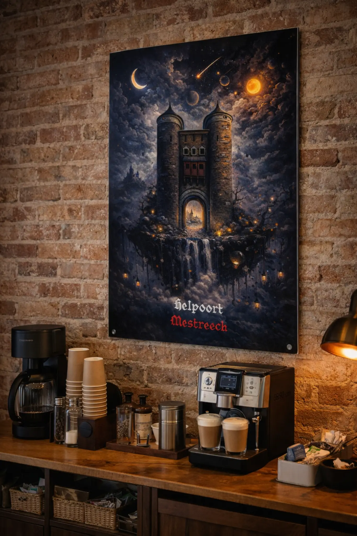 WANDDECORATIE MAASTRICHT HELPOORT 2 Fantasy muurkunst Helpoort Mestreech op plexiglas met magische lichtaccenten