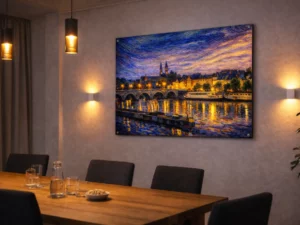 Servaasbrug Maastricht wanddecoratie met warme lichtreflecties op de Maas en een karaktervolle skyline, kunstprint 90x60 cm