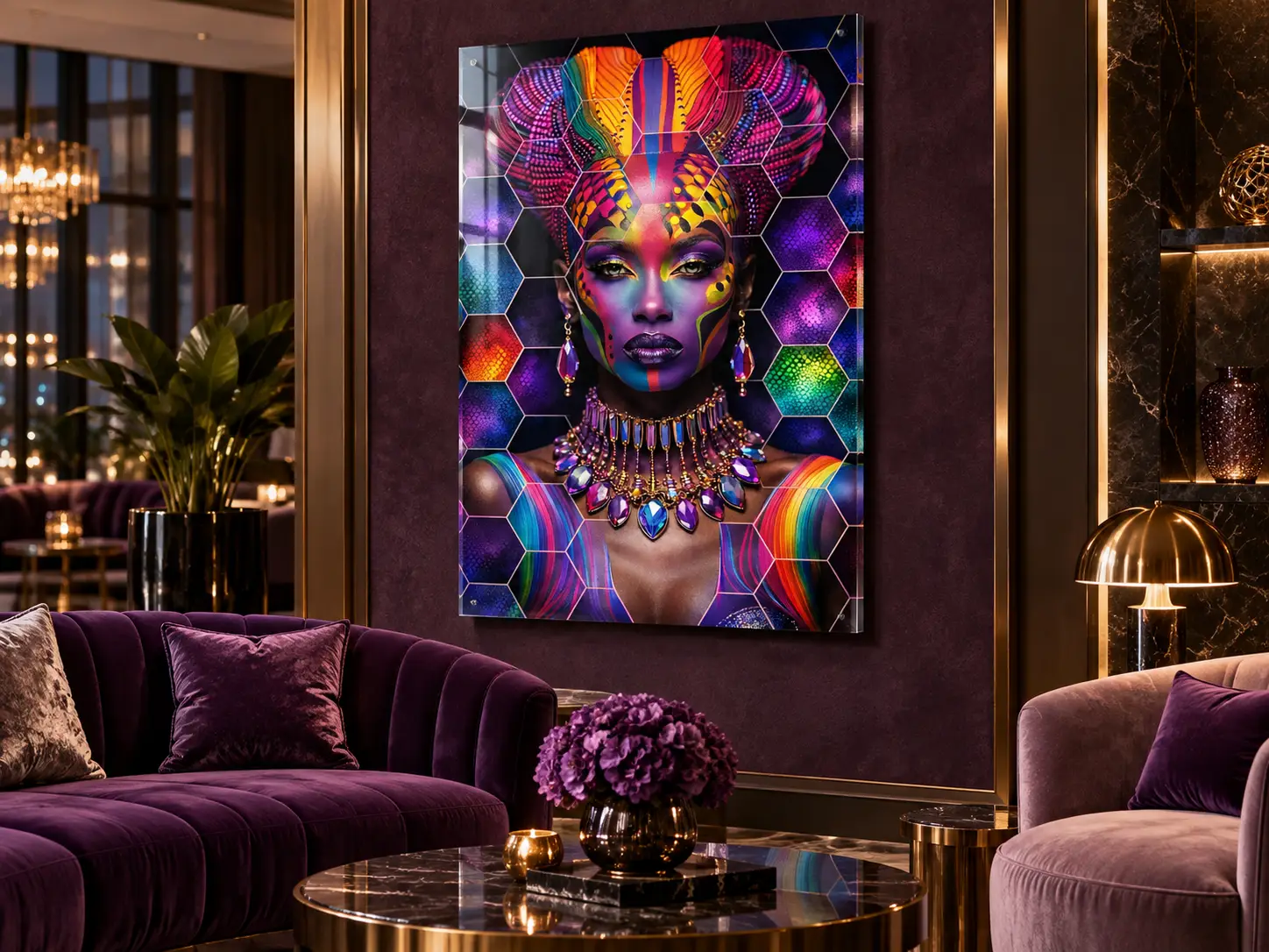 Abstract Kleurrijk Vrouwenportret op Plexiglas 60×90 cm 2 Kleurrijk plexiglas vrouwenportret in luxe woonkamer met paarse meubels