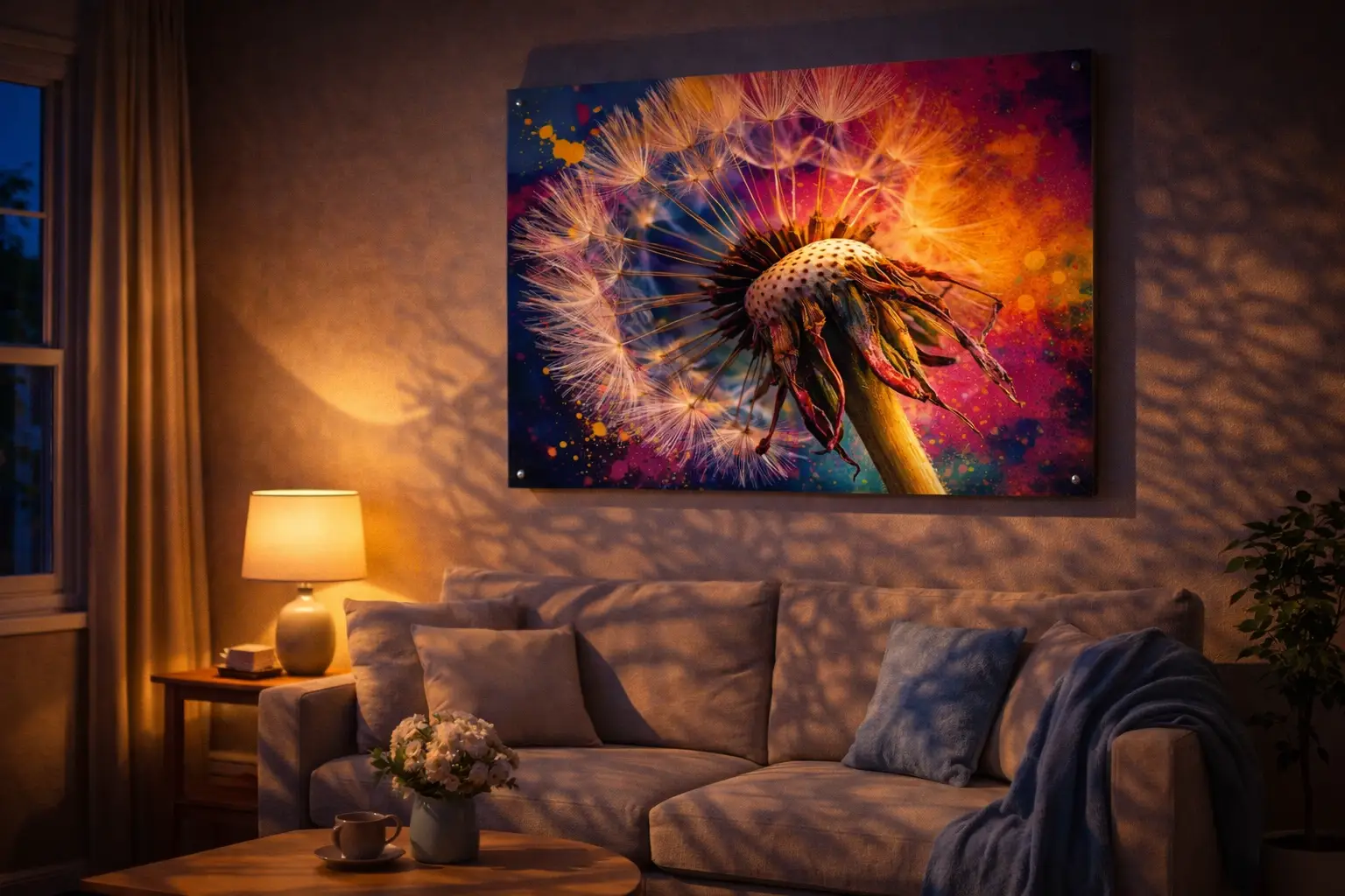 WANDDECORATIE PAARDENBLOEM MACRO KLEURRIJKE MUURKUNST BOVEN BANK 2 kleurrijke paardenbloem wanddecoratie plexiglas canvas