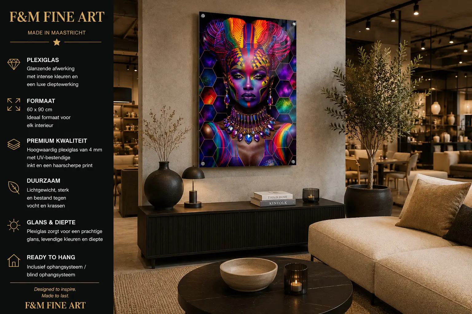 Abstract Kleurrijk Vrouwenportret op Plexiglas 60×90 cm 5 Kleurrijk portret op plexiglas met productinformatie en blind ophangsysteem