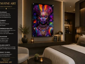Plexiglas vrouwenportret 60x90 cm van F&M Fine Art in luxe hotelkamer