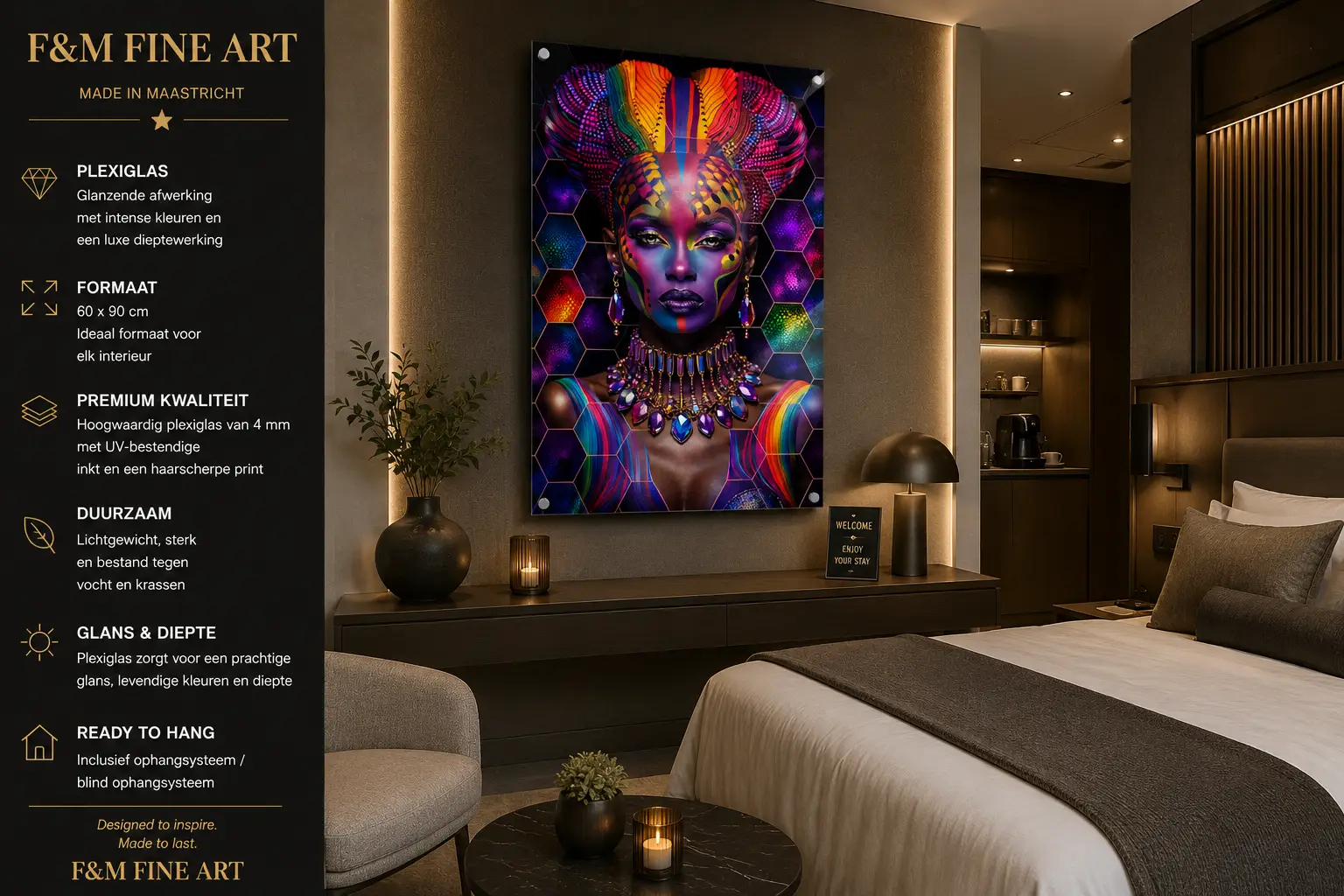 Abstract Kleurrijk Vrouwenportret op Plexiglas 60×90 cm 4 Plexiglas vrouwenportret 60x90 cm van F&M Fine Art in luxe hotelkamer
