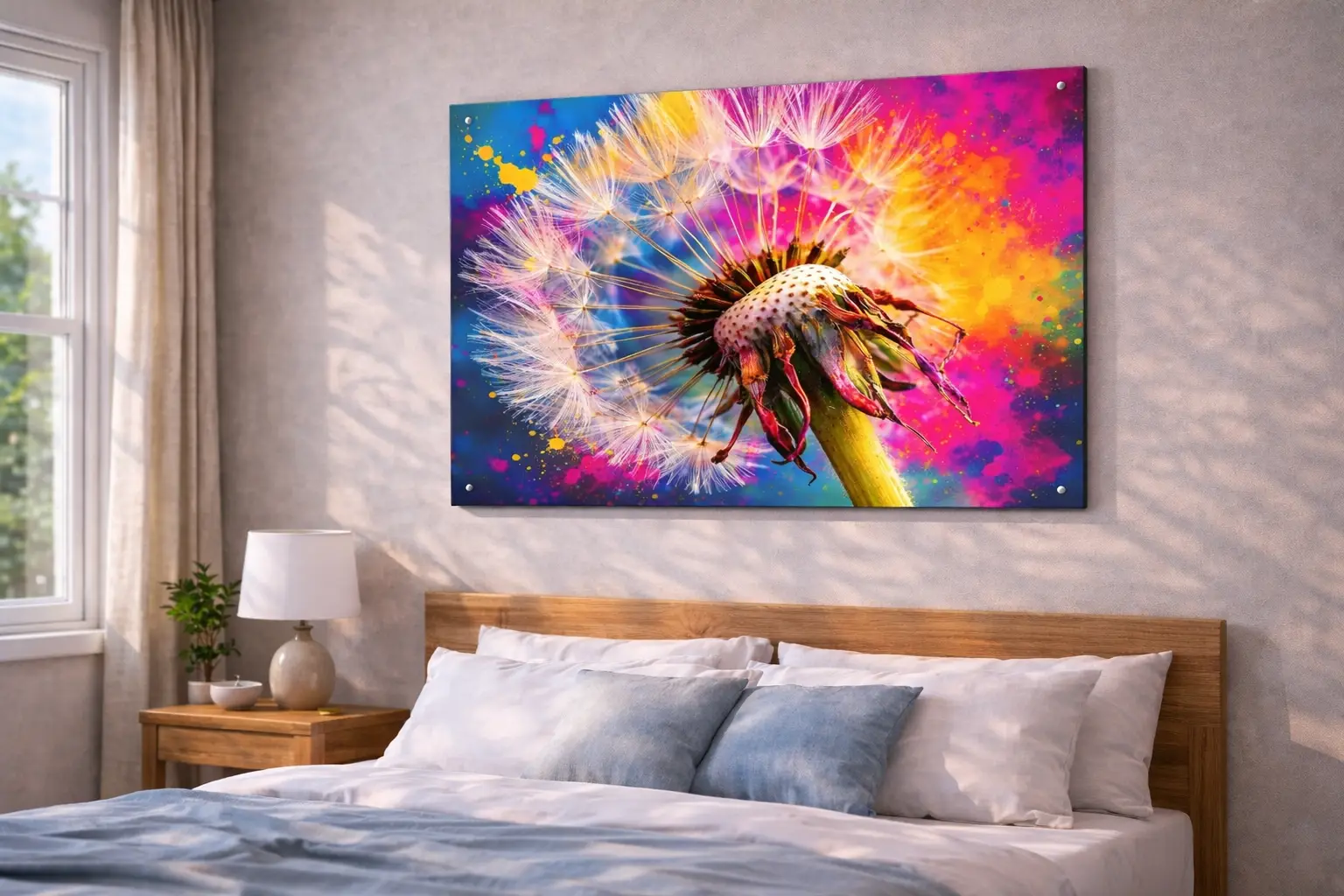 WANDDECORATIE PAARDENBLOEM MACRO KLEURRIJKE MUURKUNST BOVEN BANK 3 schilderij paardenbloem macro kunst modern interieur